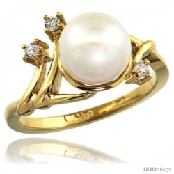 14k Gold Diamond Vine Pearl Ring w/ 0.085 Carat Brilliant Cut ( H-I Color VS2-SI1 Clarity ) Diamonds & 9mm White Pearl, 11/32