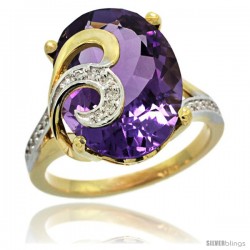 14k Gold Natural Amethyst Ring 16x12 mm Oval Shape Diamond Accent, 5/8 in wide