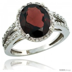 Sterling Silver Diamond Halo Natural Garnet Ring 2.85 Carat Oval Shape 11X9 mm, 7/16 in (11mm) wide