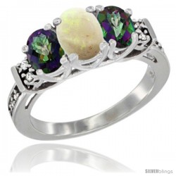14K White Gold Natural Opal & Mystic Topaz Ring 3-Stone Oval with Diamond Accent