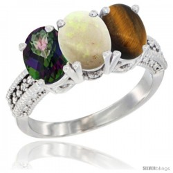 14K White Gold Natural Mystic Topaz, Opal & Tiger Eye Ring 3-Stone 7x5 mm Oval Diamond Accent