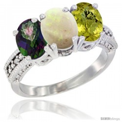 14K White Gold Natural Mystic Topaz, Opal & Lemon Quartz Ring 3-Stone 7x5 mm Oval Diamond Accent