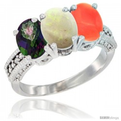 14K White Gold Natural Mystic Topaz, Opal & Coral Ring 3-Stone 7x5 mm Oval Diamond Accent