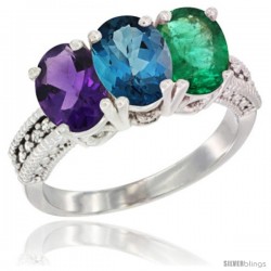 14K White Gold Natural Amethyst, London Blue Topaz & Emerald Ring 3-Stone 7x5 mm Oval Diamond Accent