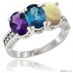 14K White Gold Natural Amethyst, London Blue Topaz & Opal Ring 3-Stone 7x5 mm Oval Diamond Accent