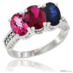 10K White Gold Natural Pink Topaz, Ruby & Blue Sapphire Ring 3-Stone Oval 7x5 mm Diamond Accent