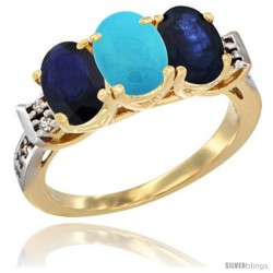 10K Yellow Gold Natural Turquoise & Blue Sapphire Sides Ring 3-Stone Oval 7x5 mm Diamond Accent