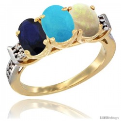 10K Yellow Gold Natural Blue Sapphire, Turquoise & Opal Ring 3-Stone Oval 7x5 mm Diamond Accent