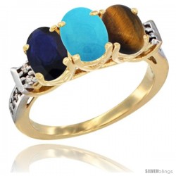 10K Yellow Gold Natural Blue Sapphire, Turquoise & Tiger Eye Ring 3-Stone Oval 7x5 mm Diamond Accent