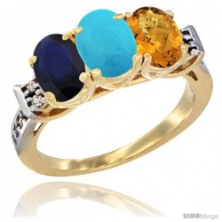 10K Yellow Gold Natural Blue Sapphire, Turquoise & Whisky Quartz Ring 3-Stone Oval 7x5 mm Diamond Accent