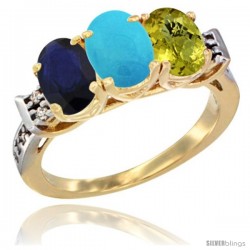 10K Yellow Gold Natural Blue Sapphire, Turquoise & Lemon Quartz Ring 3-Stone Oval 7x5 mm Diamond Accent