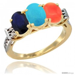 10K Yellow Gold Natural Blue Sapphire, Turquoise & Coral Ring 3-Stone Oval 7x5 mm Diamond Accent