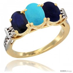 10K Yellow Gold Natural Blue Sapphire, Turquoise & Lapis Ring 3-Stone Oval 7x5 mm Diamond Accent