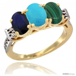 10K Yellow Gold Natural Blue Sapphire, Turquoise & Malachite Ring 3-Stone Oval 7x5 mm Diamond Accent