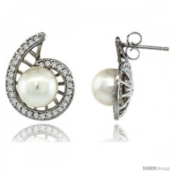 14k White Gold Swirl Pearl Earrings w/ 0.33 Carat Brilliant Cut ( H-I Color VS2-SI1 Clarity ) Diamonds & 7mm White Pearls