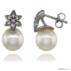 14k White Gold Flower Pearl Earrings w/ 0.14 Carat Brilliant Cut ( H-I Color VS2-SI1 Clarity ) Diamonds & 8mm White Pearls