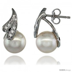 14k White Gold Ribbon Lace Pearl Earrings w/ 0.06 Carat Brilliant Cut ( H-I Color VS2-SI1 Clarity ) Diamonds & 7mm White Pearls