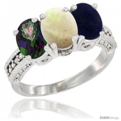 14K White Gold Natural Mystic Topaz, Opal & Lapis Ring 3-Stone 7x5 mm Oval Diamond Accent