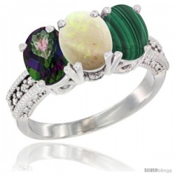 14K White Gold Natural Mystic Topaz, Opal & Malachite Ring 3-Stone 7x5 mm Oval Diamond Accent