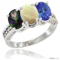 14K White Gold Natural Mystic Topaz, Opal & Tanzanite Ring 3-Stone 7x5 mm Oval Diamond Accent