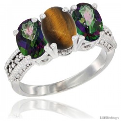 14K White Gold Natural Tiger Eye & Mystic Topaz Sides Ring 3-Stone 7x5 mm Oval Diamond Accent