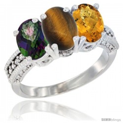 14K White Gold Natural Mystic Topaz, Tiger Eye & Whisky Quartz Ring 3-Stone 7x5 mm Oval Diamond Accent