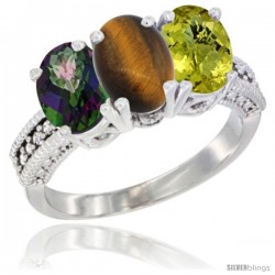 14K White Gold Natural Mystic Topaz, Tiger Eye & Lemon Quartz Ring 3-Stone 7x5 mm Oval Diamond Accent