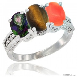 14K White Gold Natural Mystic Topaz, Tiger Eye & Coral Ring 3-Stone 7x5 mm Oval Diamond Accent