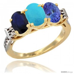 10K Yellow Gold Natural Blue Sapphire, Turquoise & Tanzanite Ring 3-Stone Oval 7x5 mm Diamond Accent