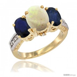 10K Yellow Gold Ladies 3-Stone Oval Natural Opal Ring with Blue Sapphire Sides Diamond Accent