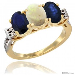 10K Yellow Gold Natural Opal & Blue Sapphire Sides Ring 3-Stone Oval 7x5 mm Diamond Accent