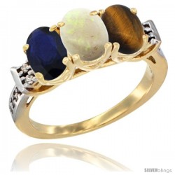 10K Yellow Gold Natural Blue Sapphire, Opal & Tiger Eye Ring 3-Stone Oval 7x5 mm Diamond Accent