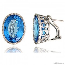 14k White Gold Large Stone French Clip Earrings, w/ 0.33 Carat Brilliant Cut Diamonds & 19.00 Carats 16x12mm Oval Cut Blue