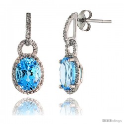 14k White Gold Stone Earrings, w/ 0.12 Carat Brilliant Cut Diamonds & 4.81 Carats 9x7mm Oval Cut Blue Topaz Stone, 7/8" (22mm)