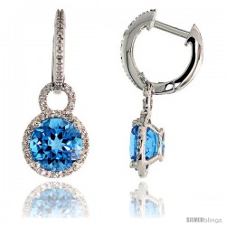 14k White Gold Stone Earrings, w/ Brilliant Cut Diamonds & 8mm Blue Topaz Stone, 1" (25mm) tall