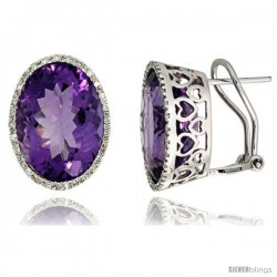 14k White Gold Large Stone French Clip Earrings, w/ 0.33 Carat Brilliant Cut Diamonds & 21.00 Carats 16x12mm Oval Cut Amethyst