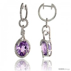 14k White Gold Swirl Stone Earrings, w/ 0.64 Carat Brilliant Cut Diamonds & 7.98 Carats 11x9mm Oval Cut Amethyst Stone, 1 7/16"