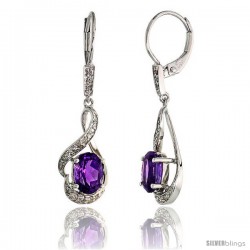 14k White Gold Lever Back Stone Earrings, w/ 0.13 Carat Brilliant Cut Diamonds & 1.50 Carats 7x5mm Oval Cut Amethyst Stone, 1