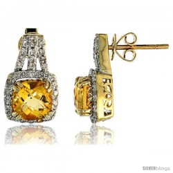 14k White Gold Large Stone Earrings, w/ 0.30 Carat Brilliant Cut Diamonds & 3.78 Carats 7mm Cushion Cut Citrine Stone, 5/8"