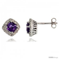 14k White Gold Stud Stone Earrings, w/ 0.30 Carat Brilliant Cut Diamonds & 1.30 Carats 5mm Cushion Cut Amethyst Stone, 5/16"