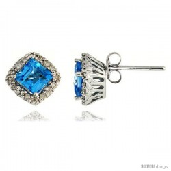 14k White Gold Stud Stone Earrings, w/ 0.30 Carat Brilliant Cut Diamonds & 1.30 Carats 5mm Princess Cut Blue Topaz Stone, 5/16"