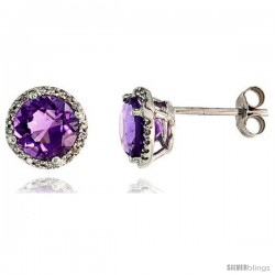 14k White Gold Stud Stone Earrings, w/ 0.12 Carat Brilliant Cut Diamonds & 2.95 Carats 7mm Amethyst Stone, 3/8" (9mm)