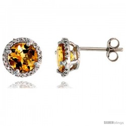 14k White Gold Stud Stone Earrings, w/ 0.12 Carat Brilliant Cut Diamonds & 2.95 Carats 7mm Citrine Stone, 3/8" (9mm)