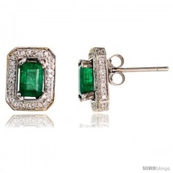 14k White Gold Stud Stone Earrings, w/ 0.34 Carat Brilliant Cut Diamonds & 1.20 Carats 7x4mm Emerald Cut Emerald Stone, 7/16"