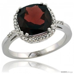 Sterling Silver Diamond Natural Garnet Ring 3.05 ct Cushion Cut 9x9 mm, 1/2 in wide