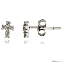 14k White Gold Cross Stud Earrings, w/ 0.15 Carat Brilliant Cut Diamonds, 3/16" (5mm) tall