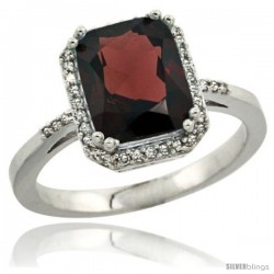 Sterling Silver Diamond Natural Garnet Ring 2.53 ct Emerald Shape 9x7 mm, 1/2 in wide