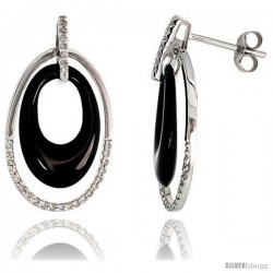 14k White Gold Diamond & Agate Oval Earrings, w/ 0.22 Carat Brilliant Cut Diamonds, 1" (25mm) tall