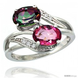 14k White Gold ( 8x6 mm ) Double Stone Engagement Pink & Mystic Topaz Ring w/ 0.07 Carat Brilliant Cut Diamonds & 2.34 Carats