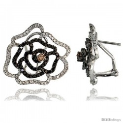 14k White Gold Large Flower French Clip Earrings, w/ 1.72 Carats Brilliant Cut White & Black Diamonds, 13/16" (21mm) tall